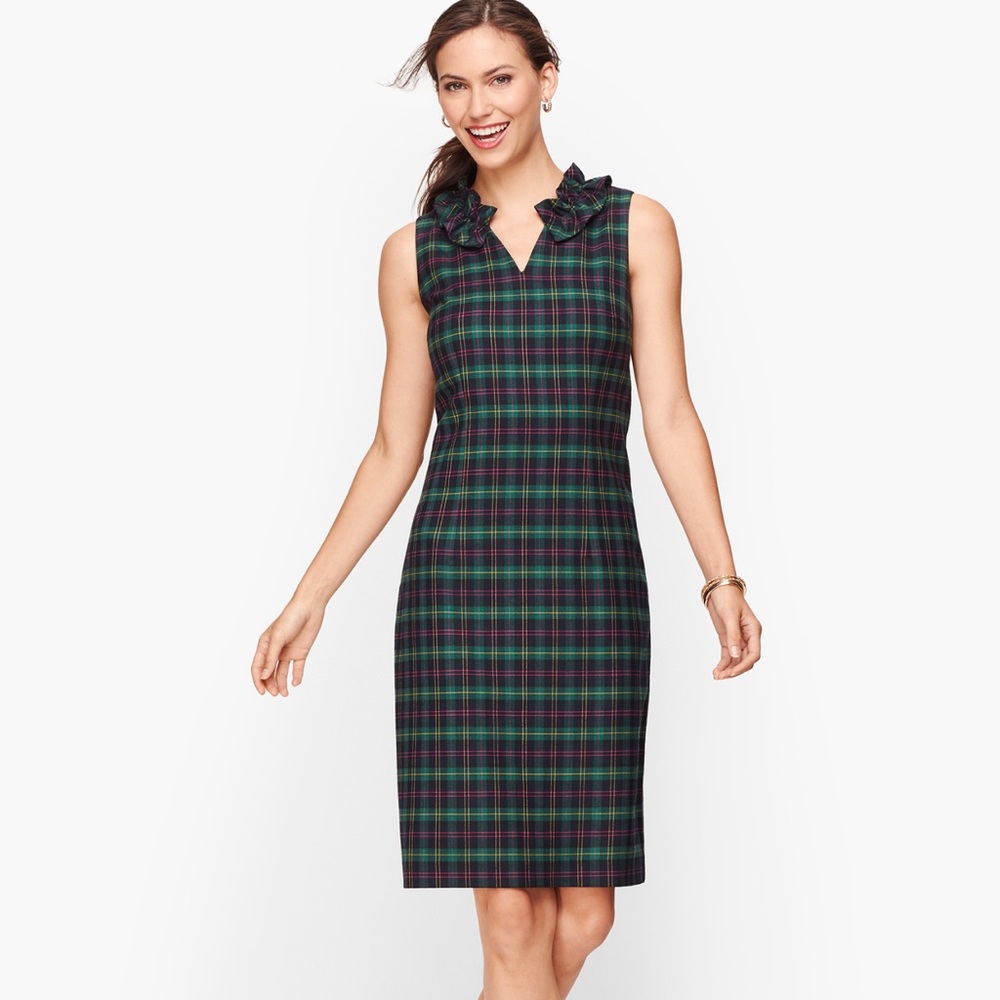 Talbots Sleeveless Green Plaid Ruffle-Collar Dress Size 16